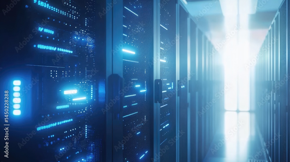 Fototapete Bright high-tech server hallway with illuminated racks and digital glow, ideal for themes in secure storage, IT services, and network system innovation