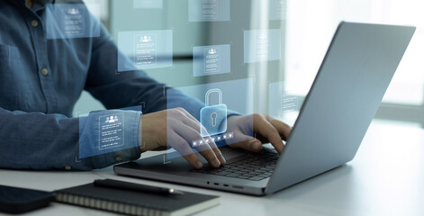 Protecting herself from cyber attacks. Documents confidentiality,cyber security protection concept....