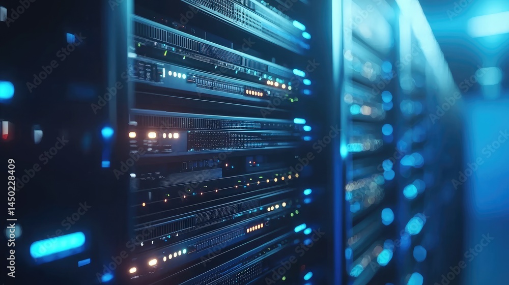 Poster Close-up of server hardware with active LED indicators in a modern data center, suitable for cybersecurity, cloud storage, and IT service visuals