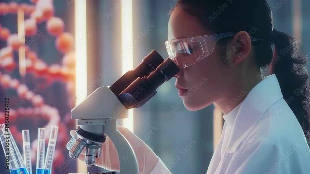 Poster Close-up view of a scientist using a microscope. She's wearing safety glasses and a white coat, highlighting her dedication to research and discovery in a cutting-edge lab environment.