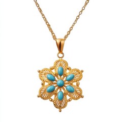 Gold flower pendant with gems on white background