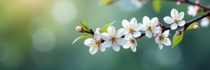 Obraz premium Delicate white blossoms on a slender branch against a blurred background , petals, spring