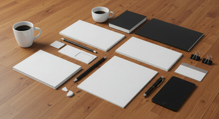 Blank stationery set on a wooden surface with coffee cup. Flat lay of professional branding materials arranged for design mock-up.