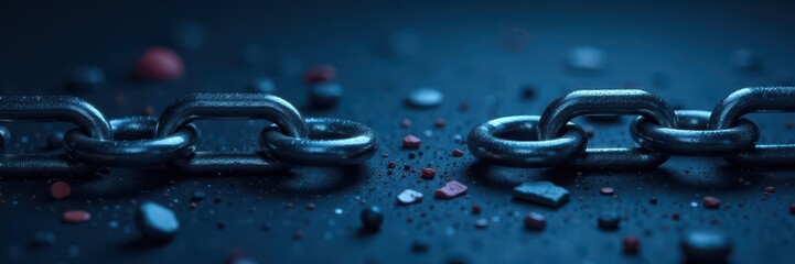Dark blue background, fragmented metallic chain, scattered pieces , decay, broken