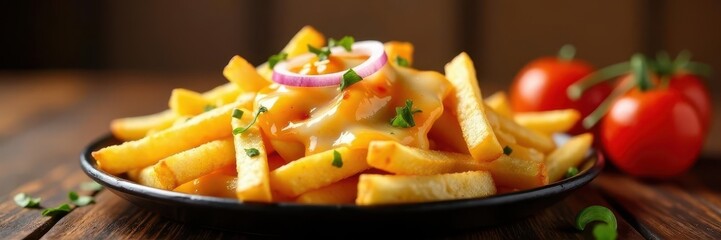 Crispy fries, melted cheese, fresh tomatoes & onions , fast food, tasty, background