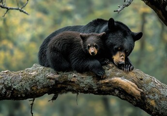 Mother Bear and Cub Resting on a Tree Branch in Serene Forest Setting with Soft Natural Light and Lush Green Foliage Surrounding Them