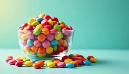 Vibrant candies overflow a glass bowl, a sweet colorful treat , background, texture