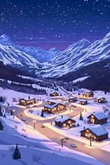 A charming snow-covered village nestled in a mountain valley under a starry night sky.  Warm lights illuminate cozy houses along winding roads