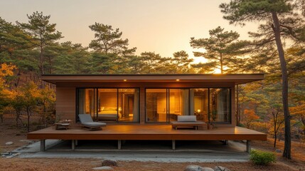 Fototapeta premium Modern cabin nestled in autumn forest