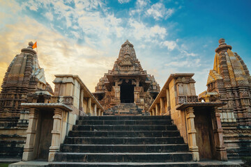 Khajuraho Temple, India at sunset. UNESCO World Heritage site, Madhya Pradesh, India.