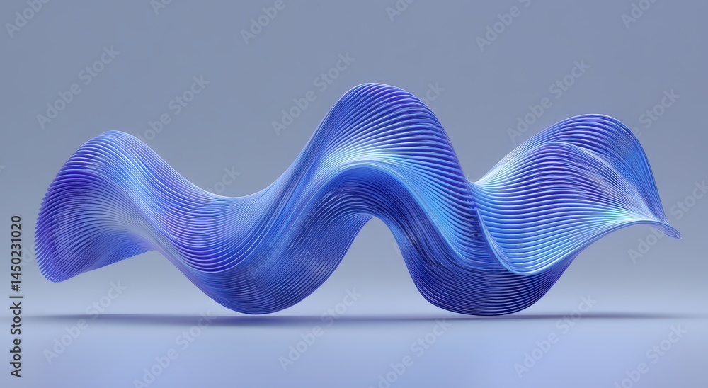 Poster wavy blue abstract 3d shape with striped lines floating on a gradient background.