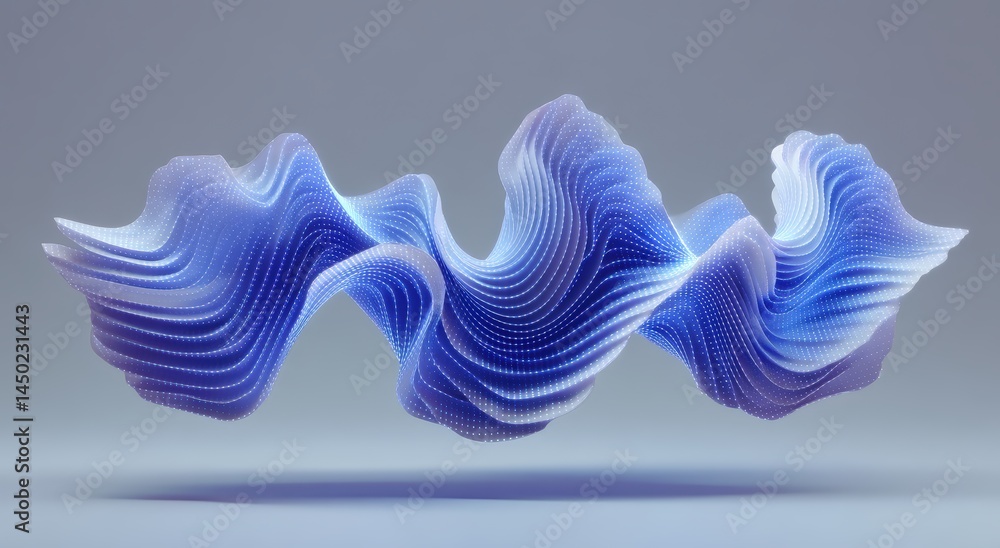 Poster abstract 3d digital wave with flowing blue and white lines, forming a dynamic shape on a grey backgr