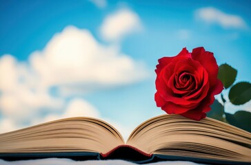Open book with a single red rose against a bright blue sky filled with fluffy clouds, symbolizing love, passion, and the beauty of literature.