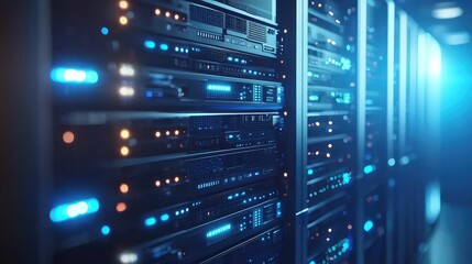 Naklejka premium Server rack close-up with glowing LED panels in a high-tech environment, excellent for digital processing, cybersecurity, and data center topics
