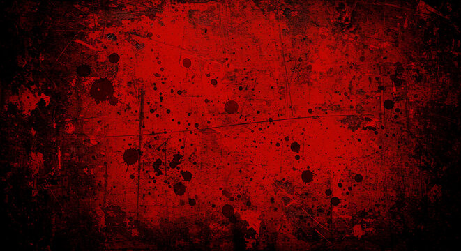 Red, black abstract grunge background. Scratched, dirty, rusty, burnt, distressed wall. Horror blood,y creepy, frightening