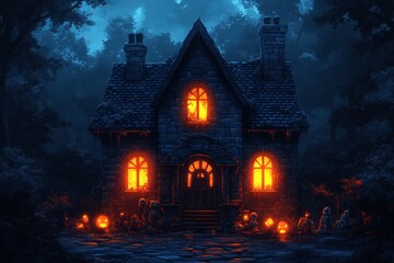 Haunted house, Halloween night, spooky forest, jack-o'-lanterns, decoration