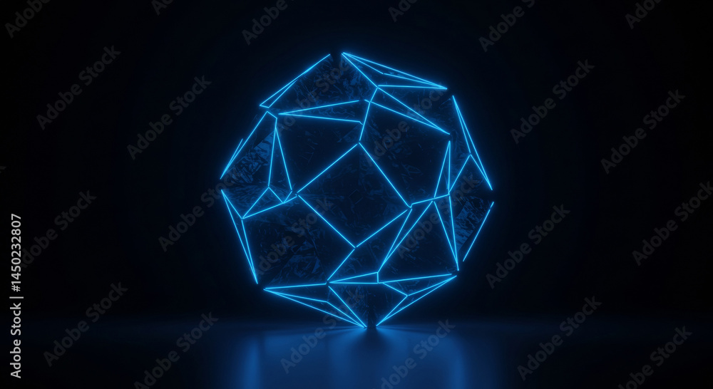Poster geometric neon blue abstract object in a dark studio setting. 3d rendering of a polygon shape illumi