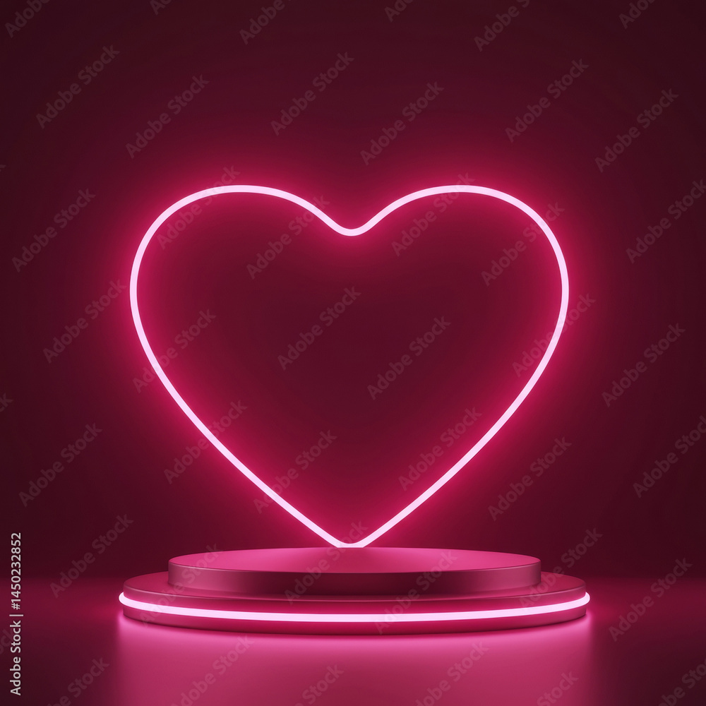 Poster pink neon heart shaped display podium in a dark pink studio setting. empty platform for product disp