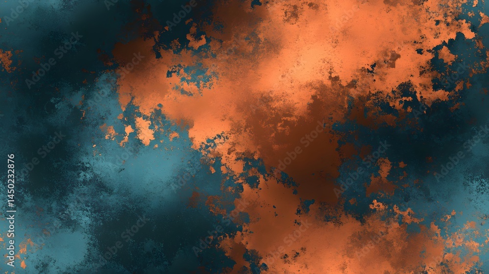 Poster abstract textured surface of rust-colored and teal hues.