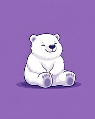A smiling white polar bear sits with its paws crossed on a purple background