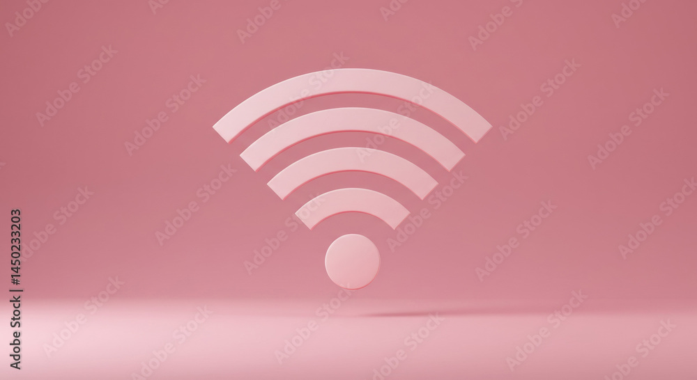 Poster 3d rendered wireless signal icon in a muted pink studio setting. abstract representation of a wi-fi 