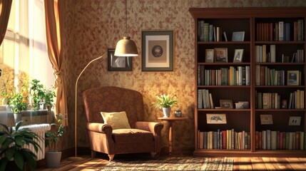 Room with brown armchair, bookshelf, pendant lamp, and personal accessories