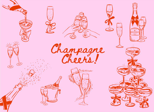 Set of hand drawn Champagne Cheers illustrations, New Years champagne,  Hands clinking champagne glasses, champagne cork popping, Vector ink doodle illustrations for invitations, menus and web icons