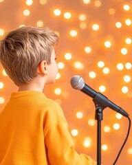 A young boy in a yellow sweater sings into a microphone against a backdrop of blurry lights