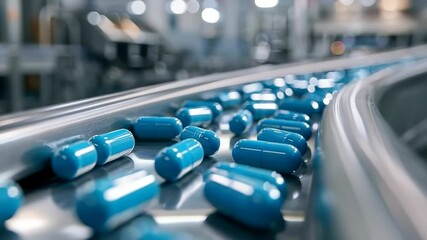 Blue capsules on a metal conveyor belt, part of a pharmaceutical manufacturing process. The setting includes factory machinery, suggesting automation and mass production of medicine.