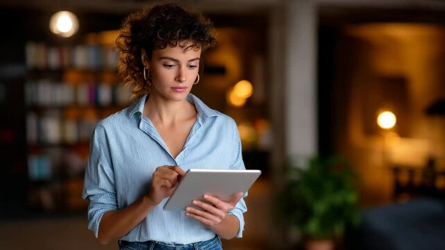 A woman engrossed in reading on a tablet in a cozy, well-lit indoor space.