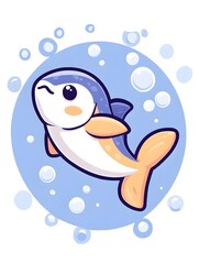 Adorable cartoon fish swimming in a light blue circle, surrounded by bubbles