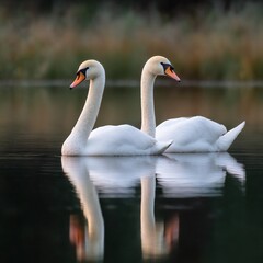 Obraz premium Serene aquatic ballet: pair of swans gracefully mirroring on calm waters