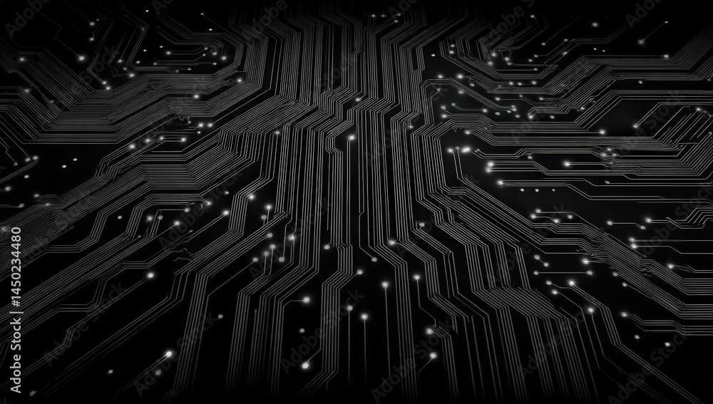 Aufkleber futuristic black and white circuit board pattern with intricate lines and connections, symbolizing d