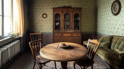 Room with round wood table, wooden chairs, sofa, and cabinet near wall