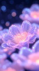Glowing, ethereal flower composed of light particles, softly illuminated against a blurred background