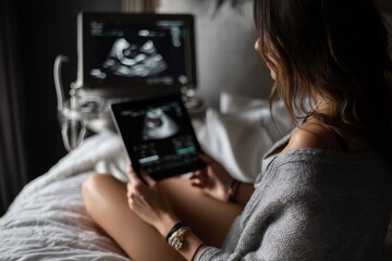 A pregnant woman looks at her baby's ultrasound on a tablet while resting in bed.