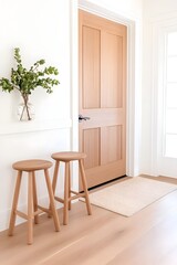 Light wood entryway with two simple stools, a light rug, and a vase of greenery