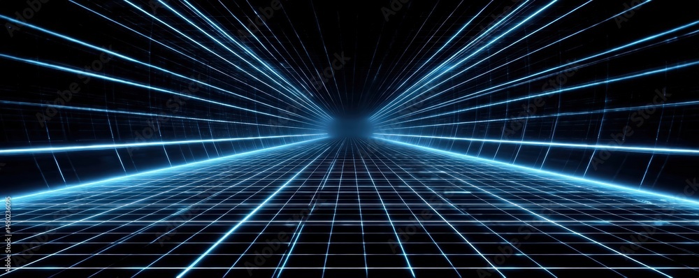 Poster futuristic digital grid tunnel with glowing blue lines, creating a sense of depth and virtual moveme