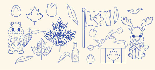  A vibrant collection of Canada Day illustrations featuring iconic national symbols such as the maple leaf, flag, beaver, elk, and tulip, celebrating Canadian heritage and patriotism.