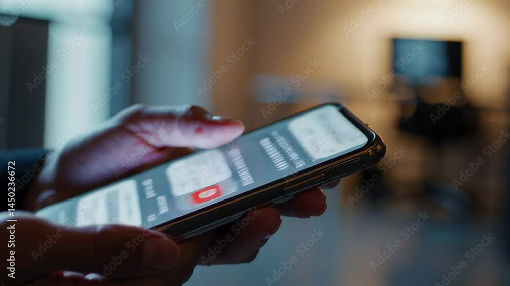 Poster Close up of businessman hands scrolling through messages and notifications on smartphone screen in a modern office, highlighting digital communication and potential information overload