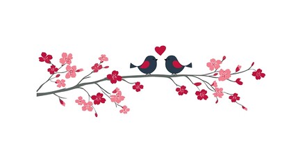 Two Cute Birds Sitting on a Flowering Branch with Hearts, Perfect for Spring and Romantic Themes