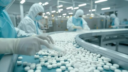 In a pharmaceutical factory, workers in protective gear inspect pills on a conveyor belt, ensuring quality , safety. Stainless steel equipment , bright lights highlight the sterile, modern setting.