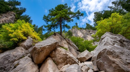 Majestic Rocky Landscape Surrounded by Tall Pine Trees Under a Blue Sky with Clouds