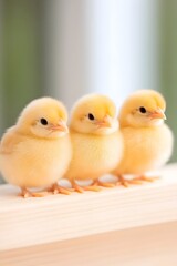 Three fluffy yellow chicks huddle together on a wooden surface