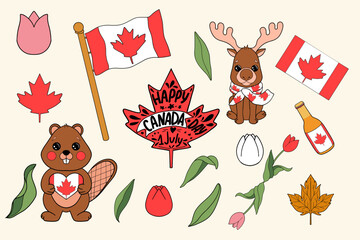  A vibrant collection of Canada Day illustrations featuring iconic national symbols such as the maple leaf, flag, beaver, elk, and tulip, celebrating Canadian heritage and patriotism.