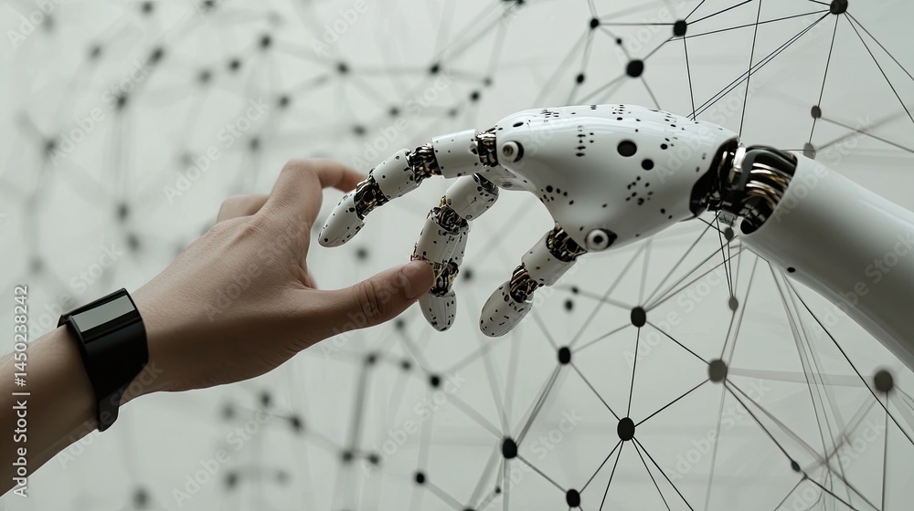 Aufkleber human-robot collaboration symbolized by hands touching in a technological setting