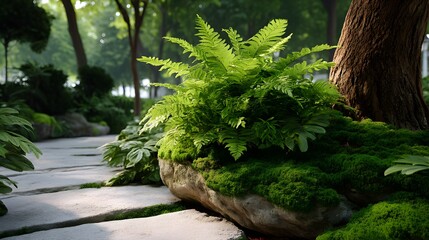Lush Green Ferns Growing on Rock Surrounded by Vibrant Nature and Peaceful Pathway