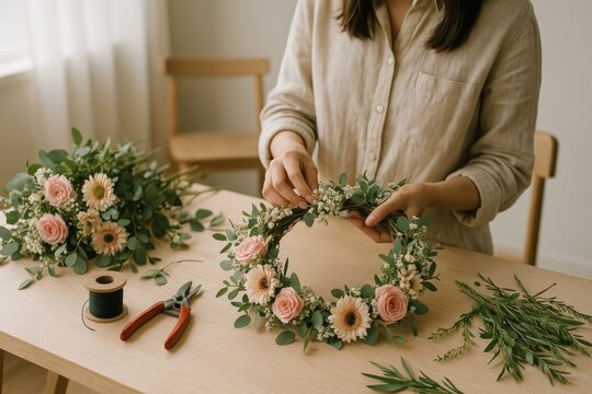 Floral wreath crafting session