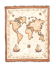 A beige world map tapestry with sailing ships and nautical accents, framed by a textured border