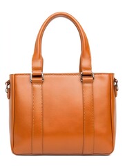 A brown leather tote bag with two top handles and a silver buckle accent